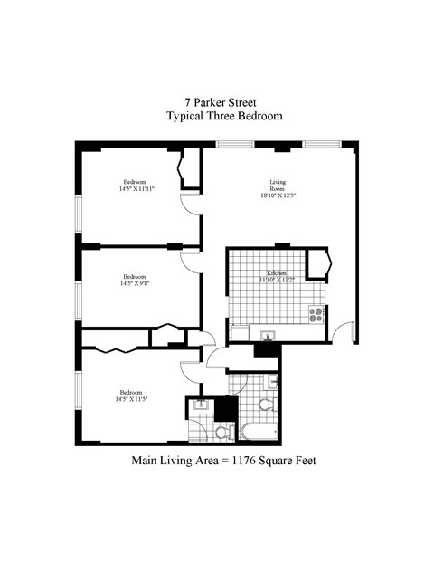 Floor plan for 3 beds, 1.5 baths, 1176 sqft
